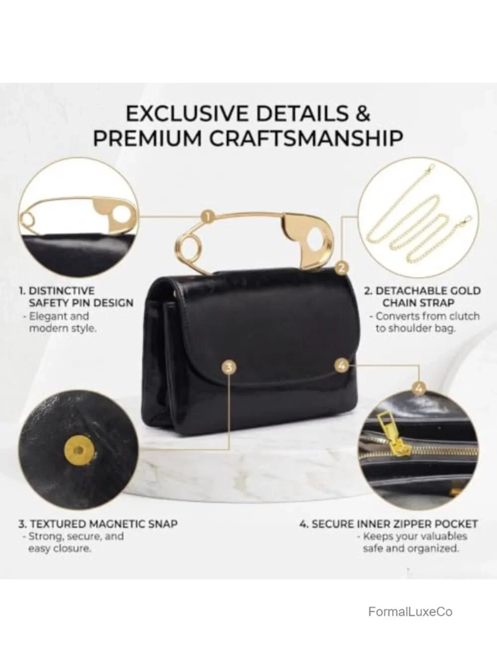 Evening Clutch Gold Pin Handle Crossbody Purse Vegan Leather